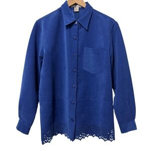 Kelly Scott Vintage Royal Blue Faux Suede Eyelet Hem Button Down Shirt Small